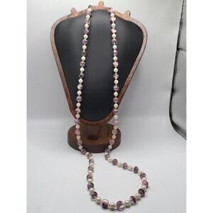 Vintage Flapper Length Pink Art Glass Pearl Bead Necklace